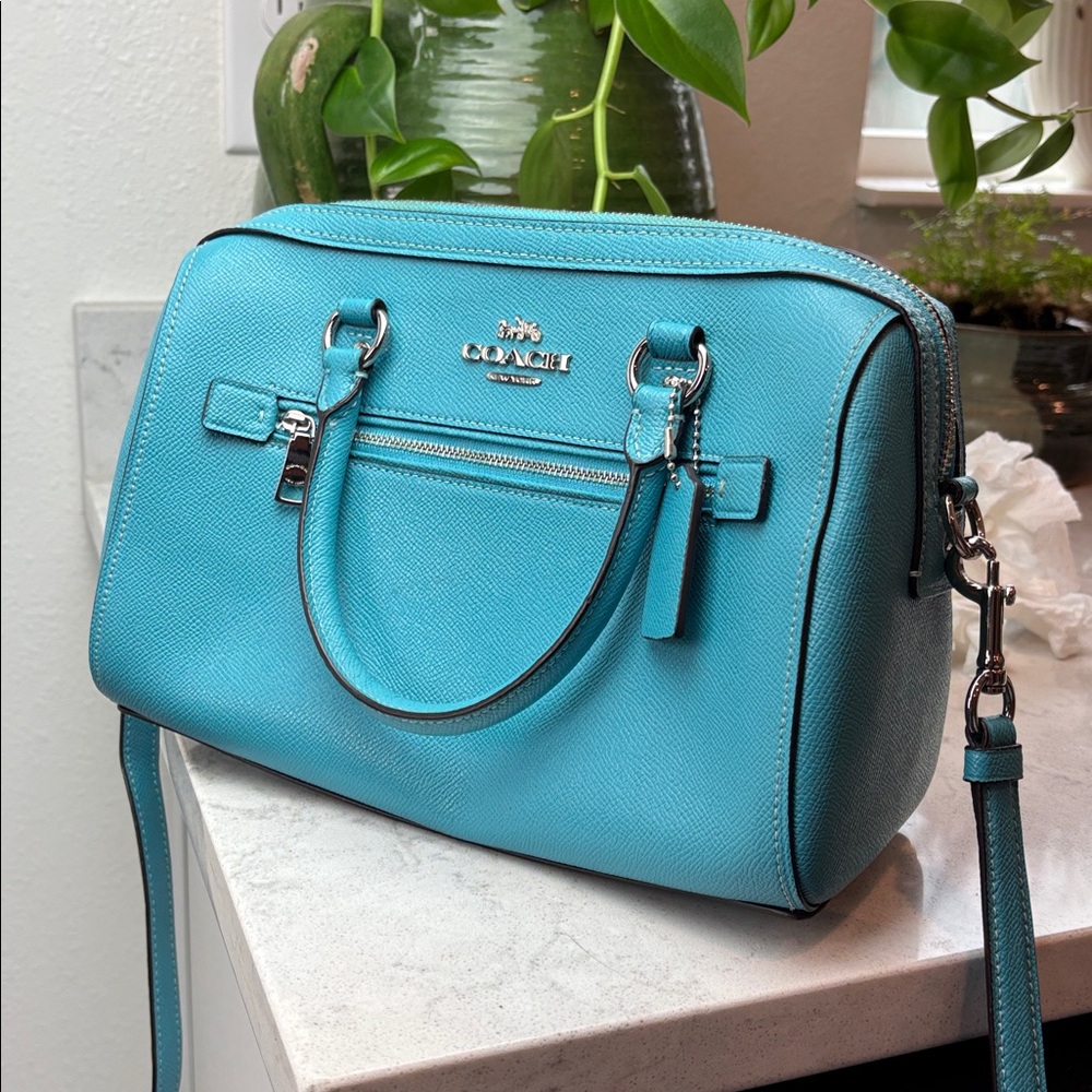 Coach: Rowan Satchel Signature Handbag Teal Viridian leather crossbody like new - Picture 3 of 12